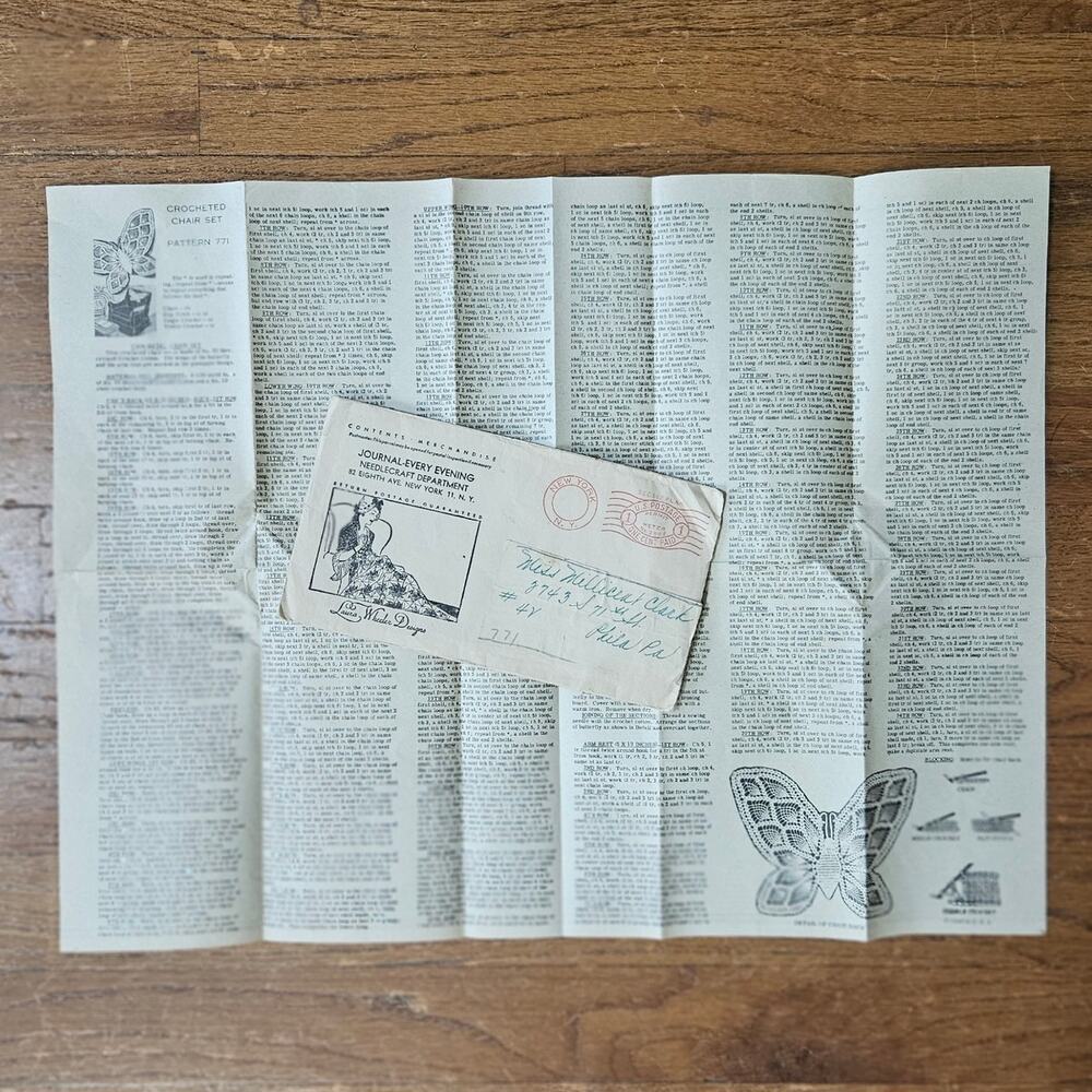 Vintage 1952 Laura Wheeler Crochet Pattern Butterfly Chair Set + Envelope